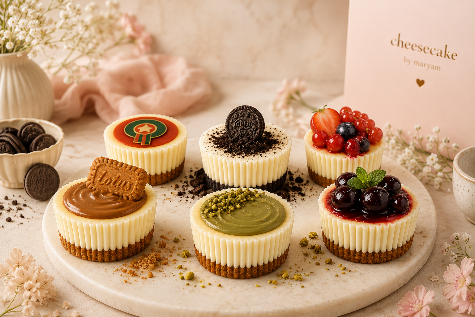 Assortiment van zes mini cheesecakes op een marmeren plateau met Cheesecake by Maryam kaartje