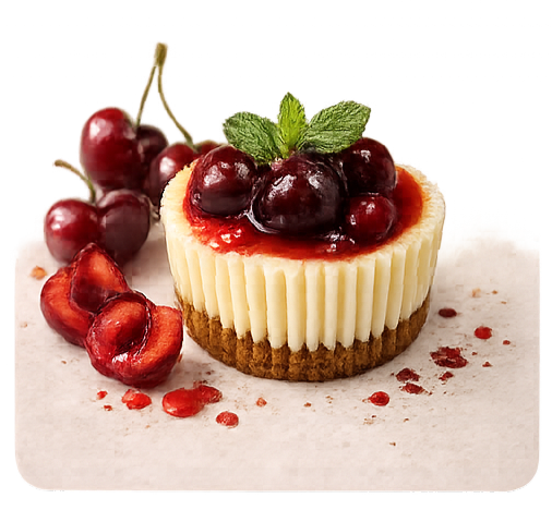 Cherry Bliss: mini cheesecake met glanzende kersen en munt