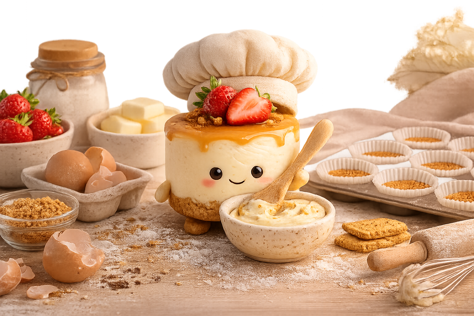 Schattige cheesecake-mascotte met kokmuts, aan het bakken tussen aardbeien en ingrediënten