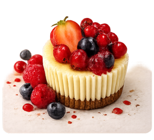 Red Berries: mini cheesecake met aardbei, framboos, bosbes en rode bes